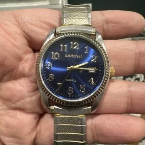 Working VTG Watch-it Quartz Mens Watch 36mm Blue Dial New Battery Fit 7.5"